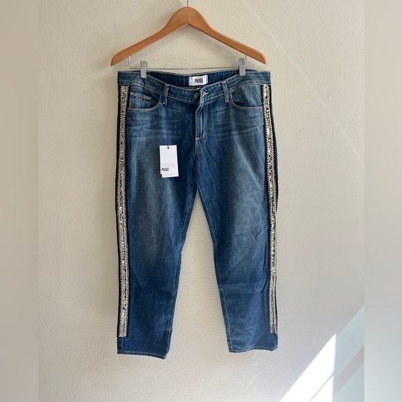 NWT PAIGE Jimmy Jimmy Crop Mid Rise Boyfriend Denim Jeans Embellished Size 31 - Picture 1 of 5
